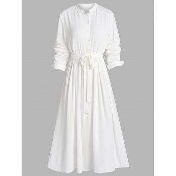 

Plain Bowknot Belt Stand Collar Button A Line Shirt Dress, White