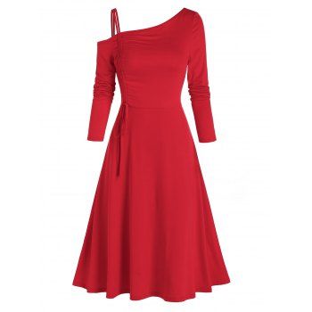 

Cinched Skew Collar Asymmetric Dress, Red