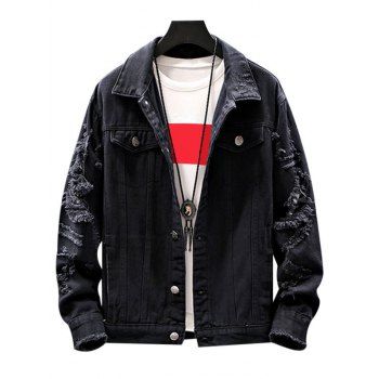 

Mock Button Ripped Button Up Denim Jacket, Black