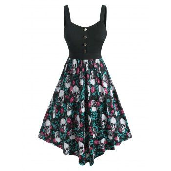 

Plus Size Skull Rose Print Halloween Fit and Flare Dress, Black