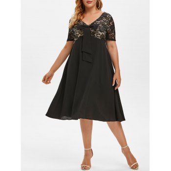 

Plus Size Bowknot Lace Insert A Line Dress, Black