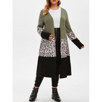 

Leopard Patchwork Open Front Plus Size Cardigan, Deep green