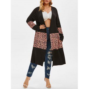 

Leopard Patchwork Open Front Plus Size Cardigan, Black