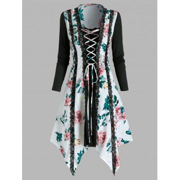 

Floral Print Lace Up Lace Trim Long Sleeve Asymmetrical Dress, Multicolor a