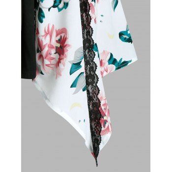 Floral Print Lace Up Lace Trim Long Sleeve Asymmetrical Dress