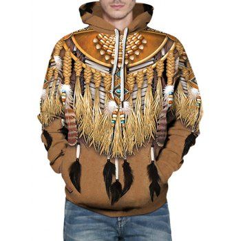 

Indian Tassel Pattern Front Pocket Pullover Hoodie, Camel brown