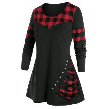 

Plus Size Plaid Ribbed Studded T Shirt, Black