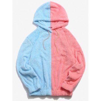 

Drawstring Two Tone Faux Fur Fluffy Hoodie, Light pink