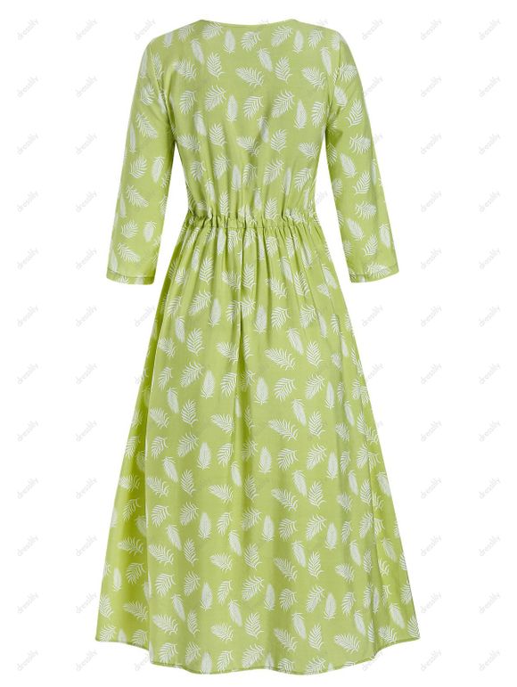 Robe Ligne A Motif de Plume à Cordon avec Boutons - Vert Avocat 3XL