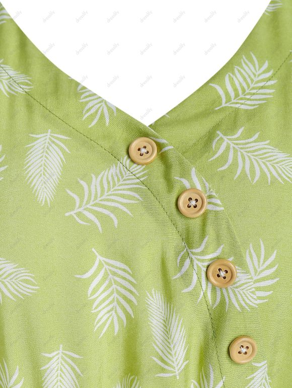 Robe Ligne A Motif de Plume à Cordon avec Boutons - Vert Avocat 3XL