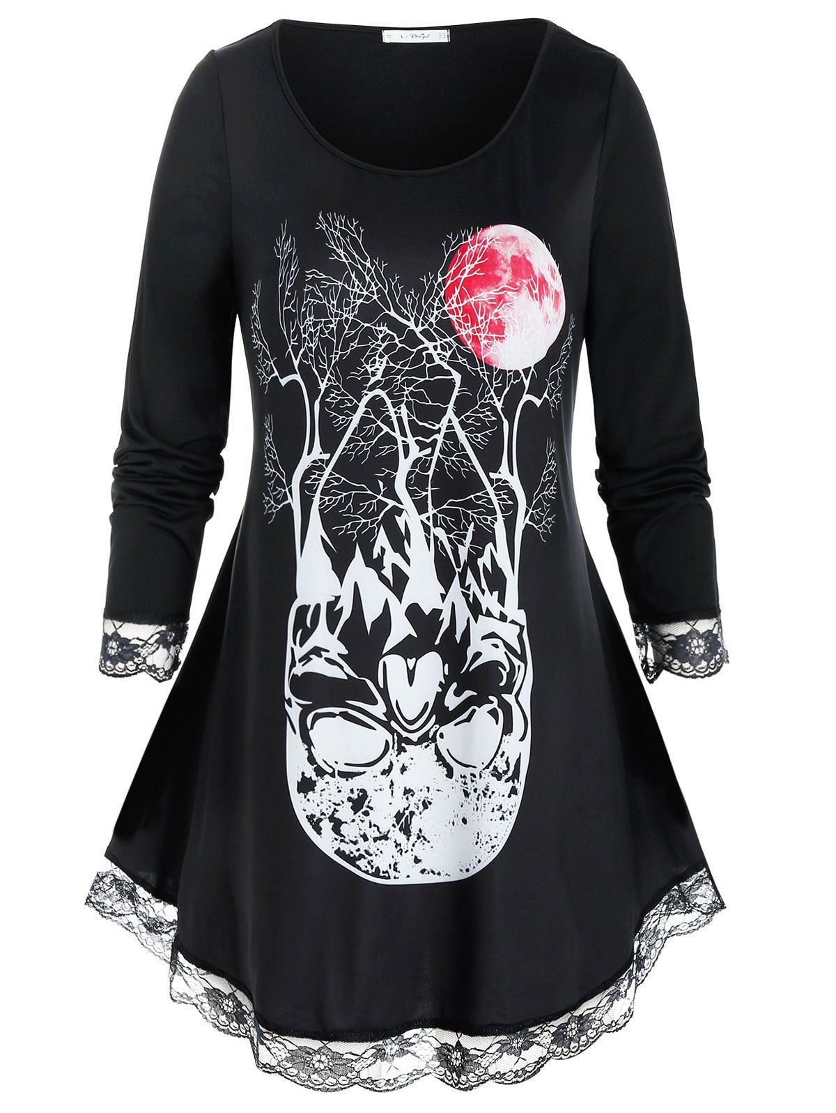Plus Size Halloween Skull Lace Hem Long Sleeve Tee - BLACK 5X