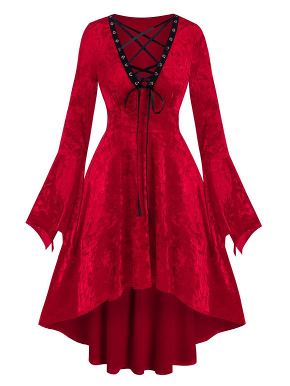 Robe Gothique Manches de Cloche à Taille Haute avec Lacets - Rouge S