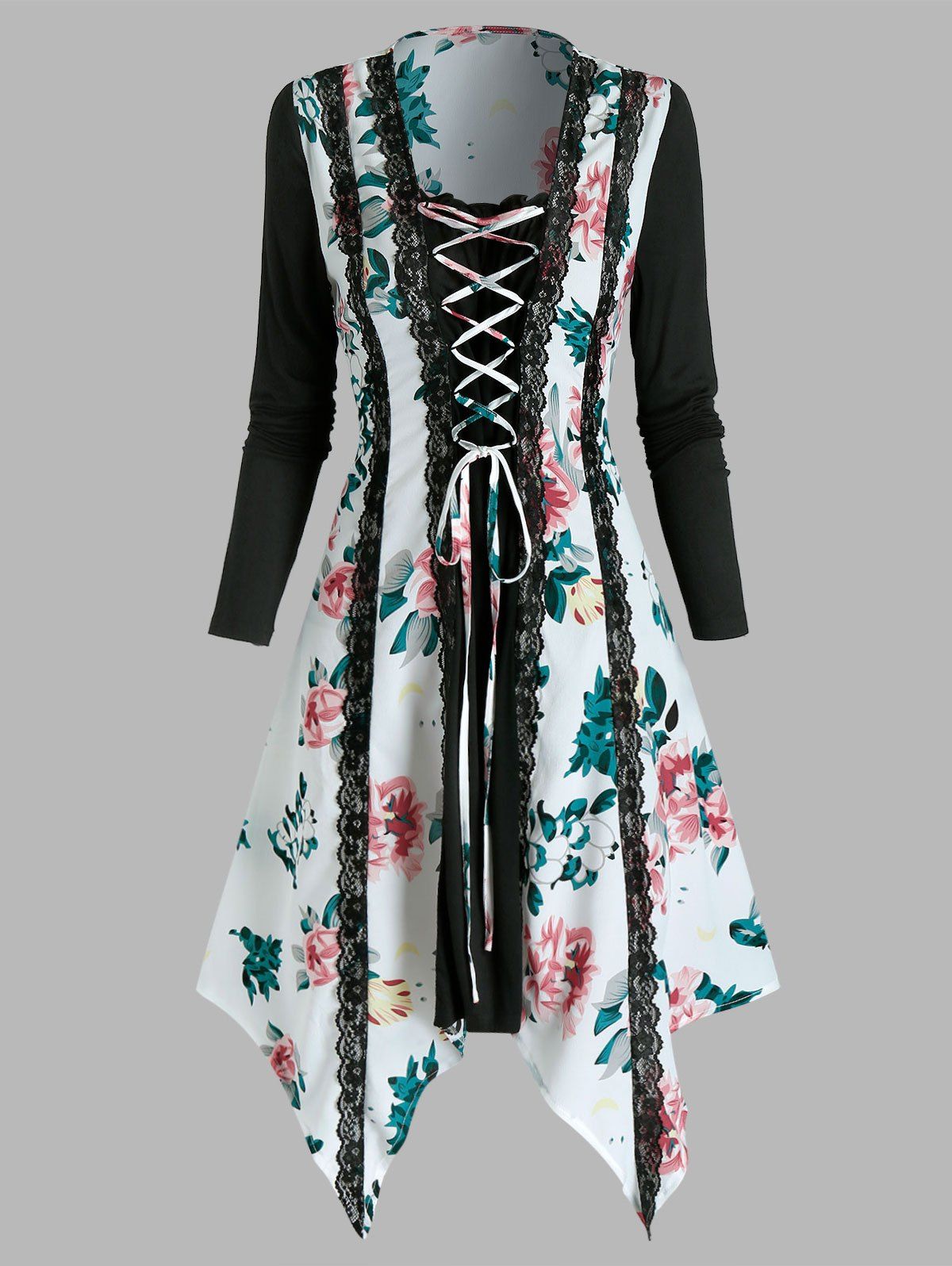 Floral Print Lace Up Lace Trim Long Sleeve Asymmetrical Dress - multicolor A XL