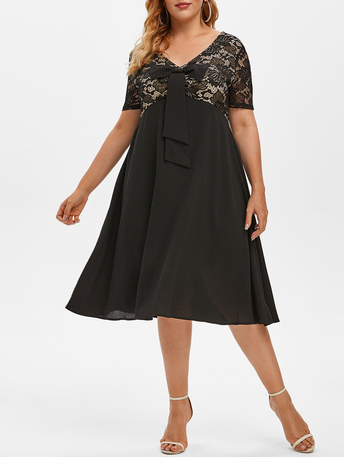 Plus Size Bowknot Lace Insert A Line Dress - BLACK L