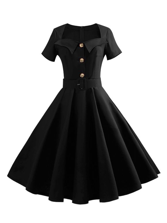 Robe Ceinturée à Col en Forme de Cœur Années 1950s - Noir L