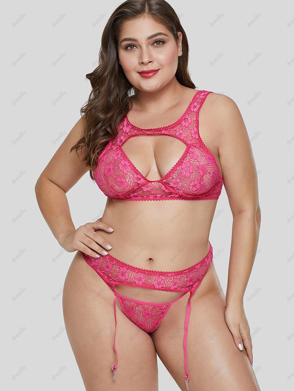 [30 Off] 2021 Garter Belt Lace Cut Out Plus Size Lingerie Set In Light Pink Dresslily
