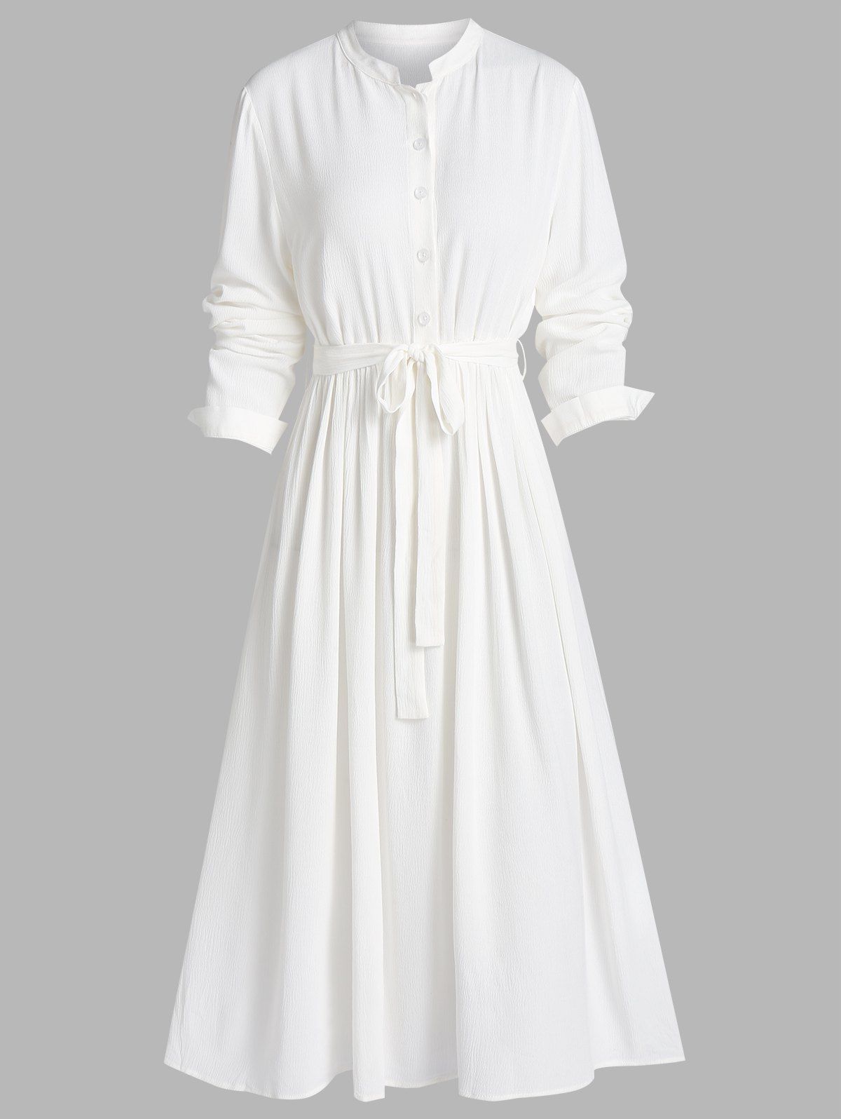 Plain Bowknot Belt Stand Collar Button A Line Shirt Dress - WHITE L
