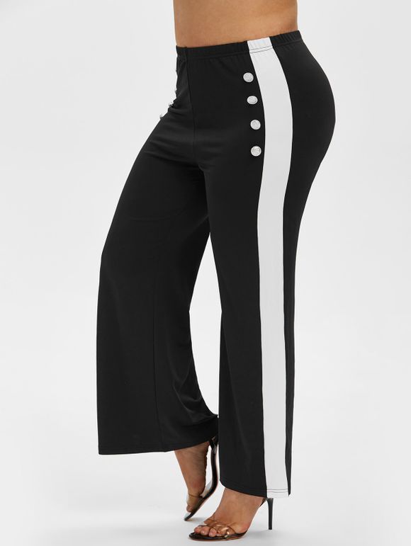 Pantalon Bicolore à Jambe Large de Grande Taille avec Bouton - Noir 4X
