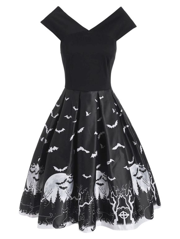Robe d'Halloween Chat Lune Arbre et Chauve-souris Imprimés à Col V - Noir XL