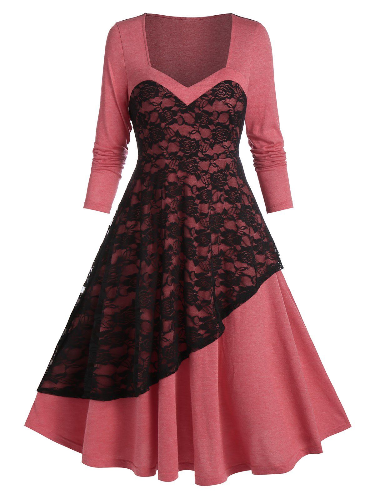 Layered Lace High Waist A Line Dress - CHERRY RED M