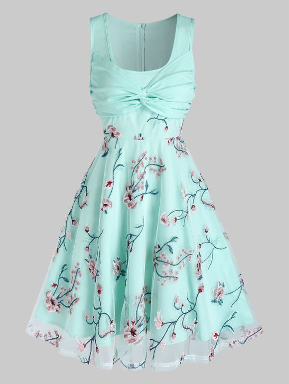 Robe Trapèze Brodée Florale Nouée en Avant - Aigue Marine Légère M