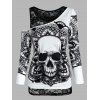 Ensembles de T-shirt Graphique Crâne en Dentelle Transparente Deux Pièces - Noir 2XL