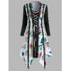 Floral Print Lace Up Lace Trim Long Sleeve Asymmetrical Dress - multicolor A 3XL
