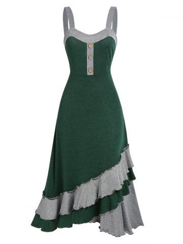 Summer Contrast Colorblock Layered Ruffle Cami Mid Calf Dress