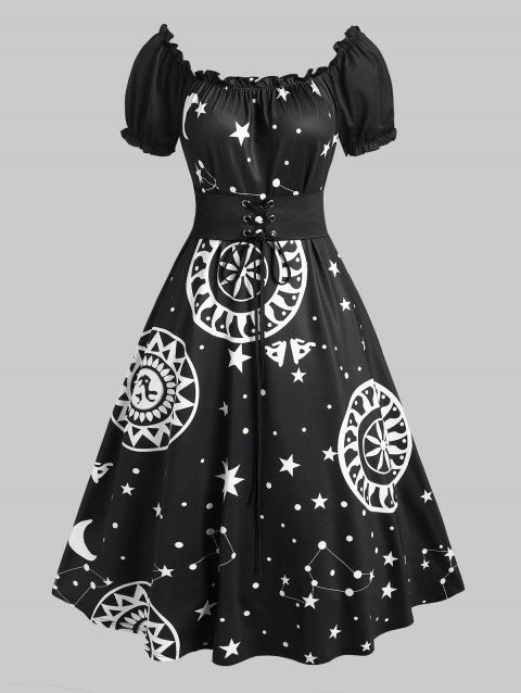 Lace Up Tie Waist Starry Print Lettuce Trim Mid Calf Dress