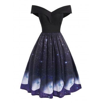 

Off The Shoulder Galaxy Print Dress, Black