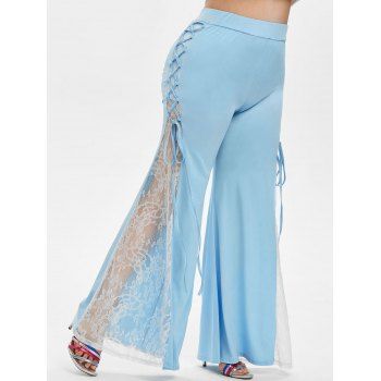 

Plus Size High Rise Lace Up Bell Bottom Pants, Jeans blue