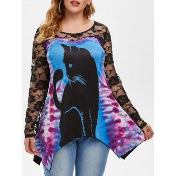 

Tie Dye Cat Print Lace Panel Plus Size Top, Black