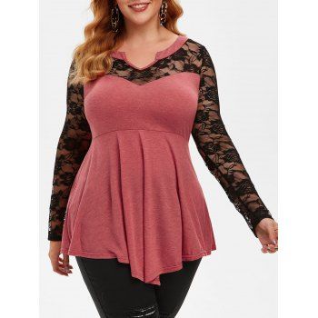 

Plus Size Floral Lace Panel Tunic Top, Valentine red