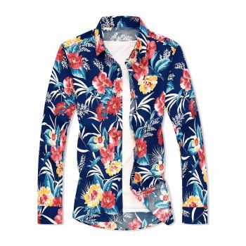 

Flower Leaf Print Button Down Shirt, Cadetblue