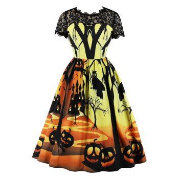 Pumpkin Spider Print Halloween Retro Dress with Lace
