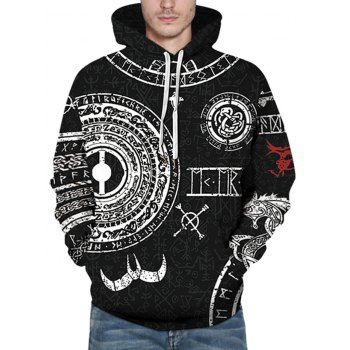 

Tribal Characters Pattern Front Pocket Drawstring Hoodie, Black