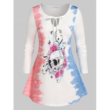 

Plus Size Halloween Skull Print Tie Dye Long Sleeve Tee, White