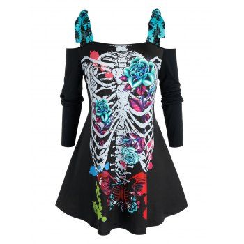 

Plus Size Halloween Skeleton Tie Open Shoulder Tee, Black