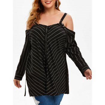 

Plus Size Striped Open Shoulder Grommet Buckle Top, Black