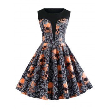 

Halloween Skulls Flower Fit and Flare Vintage Dress, Black