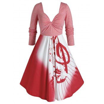 

Plus Size Twist Musical Notes Long Sleeve Dress, Red