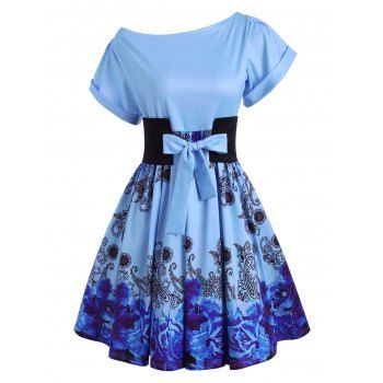 

Flower Cuffed Sleeve Skew Collar Belted Dress, Light blue