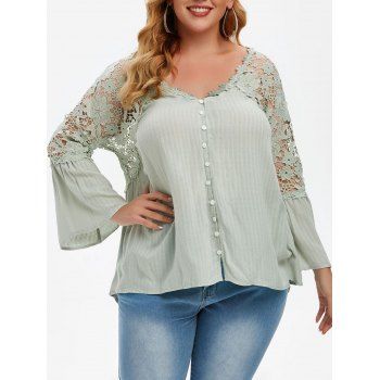 

Button Loop Crochet Lace V Neck Plus Size Blouse, Green