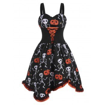 

Lace-up Halloween Skull Pumpkin Lace Panel Dress, Black
