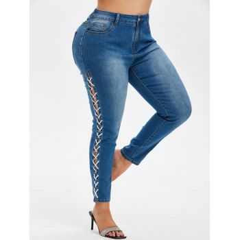 

Plus Size Faded Lace Up Jeans, Deep blue