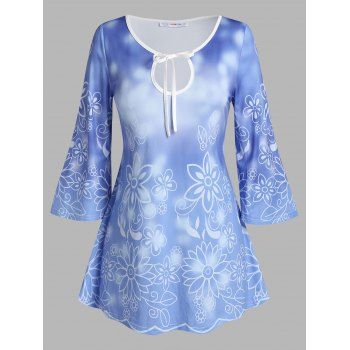 

Plus Size Keyhole Bell Sleeve Floral Print T Shirt, Light blue