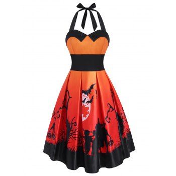 

Halloween Pumpkin Bat Print Empire Waist Dress, Orange