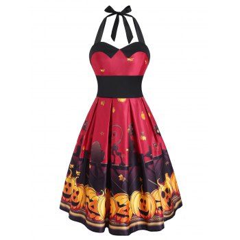 

Halloween Pumpkin Bat Print Empire Waist Dress, Red