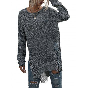 

Distressed Ripped Marled Slit Tunic Sweater, Gray