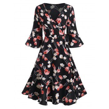 

Floral Print Flare Sleeve Ruffled Belted Wrap Dress, Black